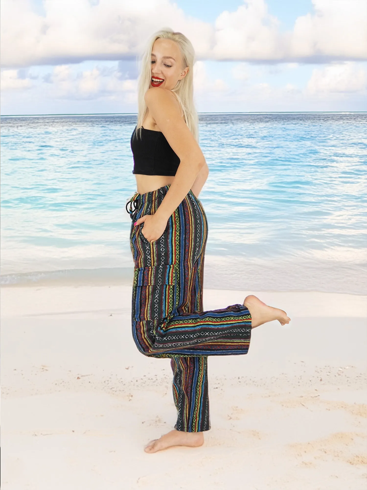 Handmade Casual Boho Hippie Cotton Blue Stripe Pants Multi Color Size S-M-L-XL