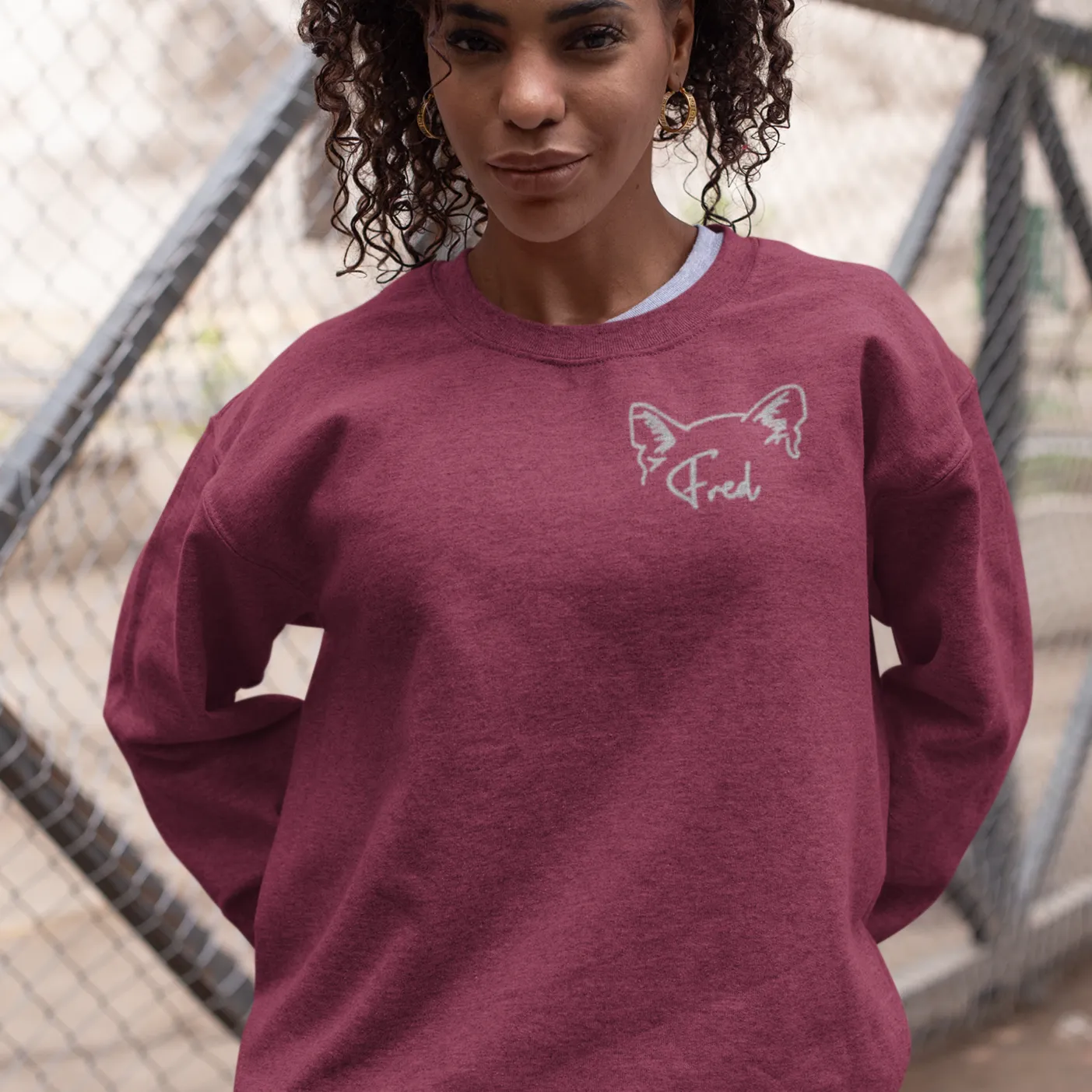 Heather Maroon Custom Embroidered Crewneck Sweatshirt - Cat Ears with Name