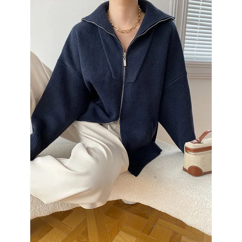 Hnewly Women Autumn Knitted Turn Down Collar Cardigans Zip Design Long Sleeve Women Sweater Cardigans Coat