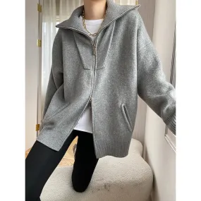 Hnewly Women Autumn Knitted Turn Down Collar Cardigans Zip Design Long Sleeve Women Sweater Cardigans Coat