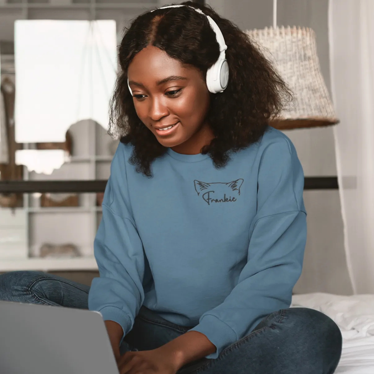 Indigo Blue Custom Embroidered Crewneck Sweatshirt - Cat Ears with Name