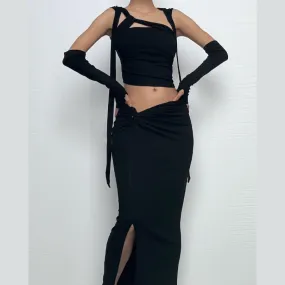 Irregular ruched gloves hoodie slit midi skirt set