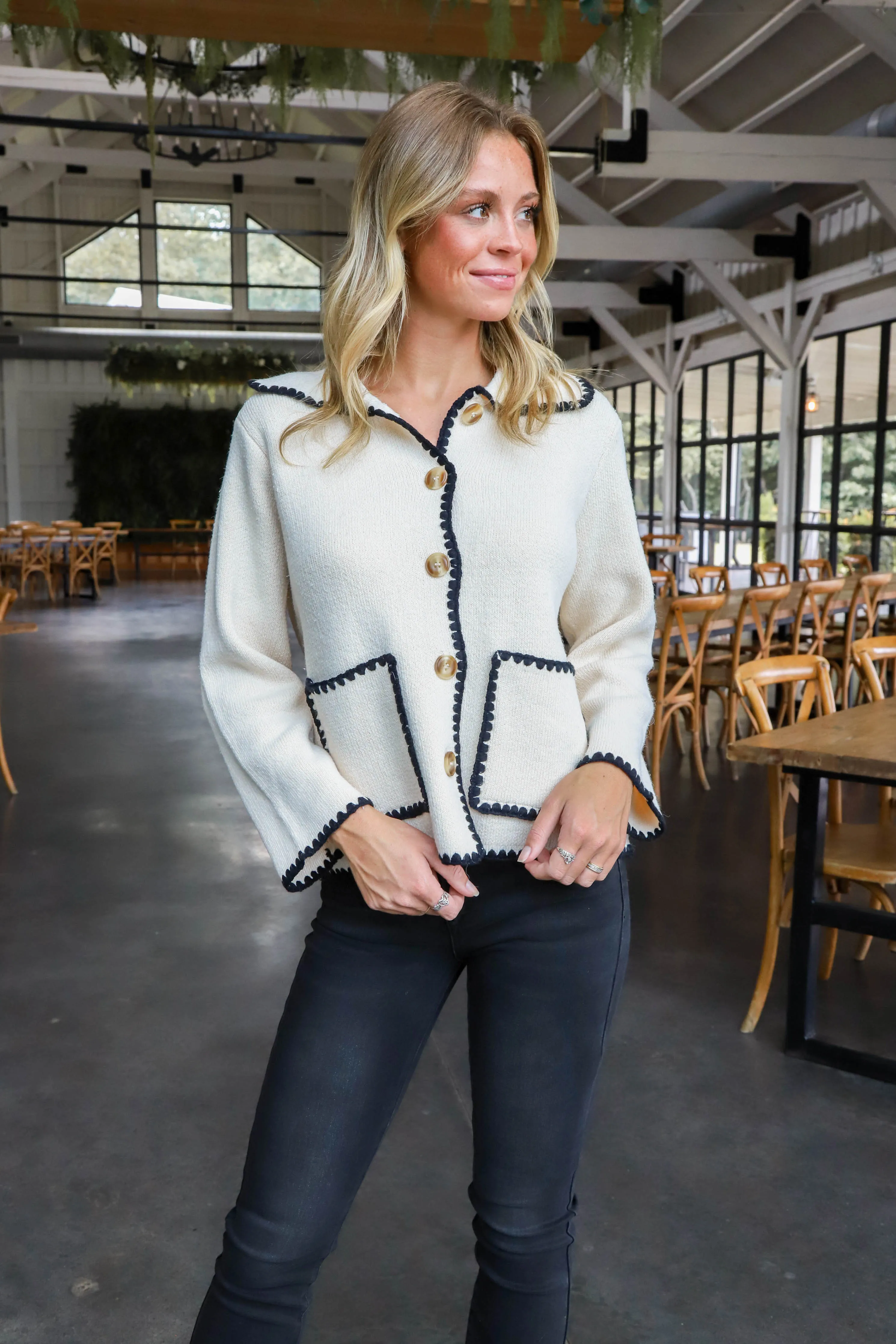 Jaelyn Contrast Stitching Jacket, Ecru