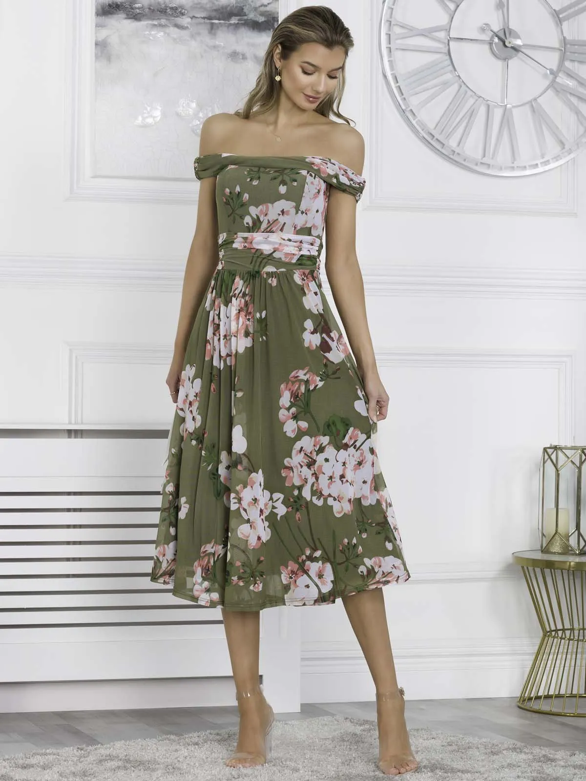 Jolie Moi Paula Bardot Floral Mesh Midi Dress, Green Floral