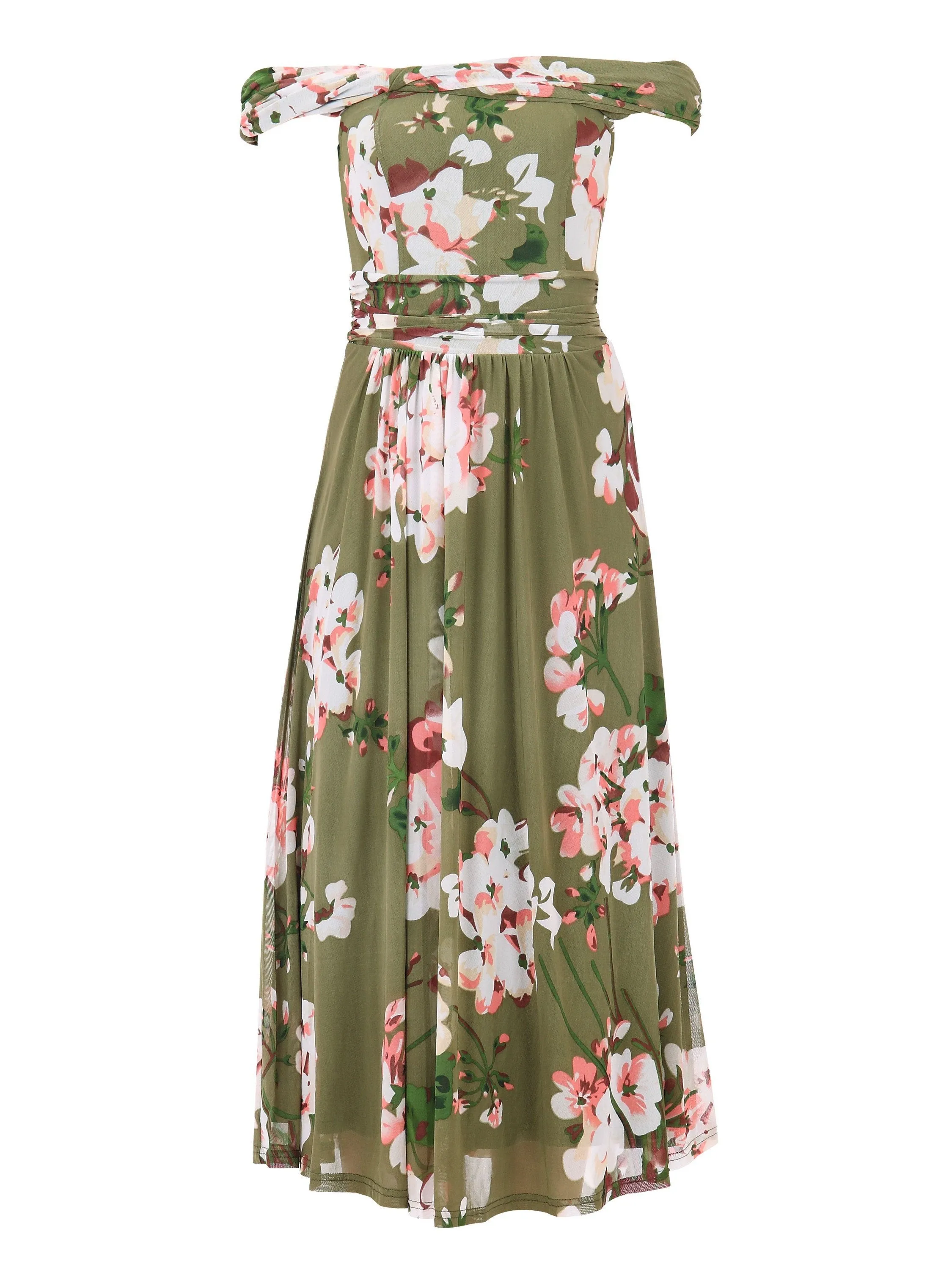 Jolie Moi Paula Bardot Floral Mesh Midi Dress, Green Floral