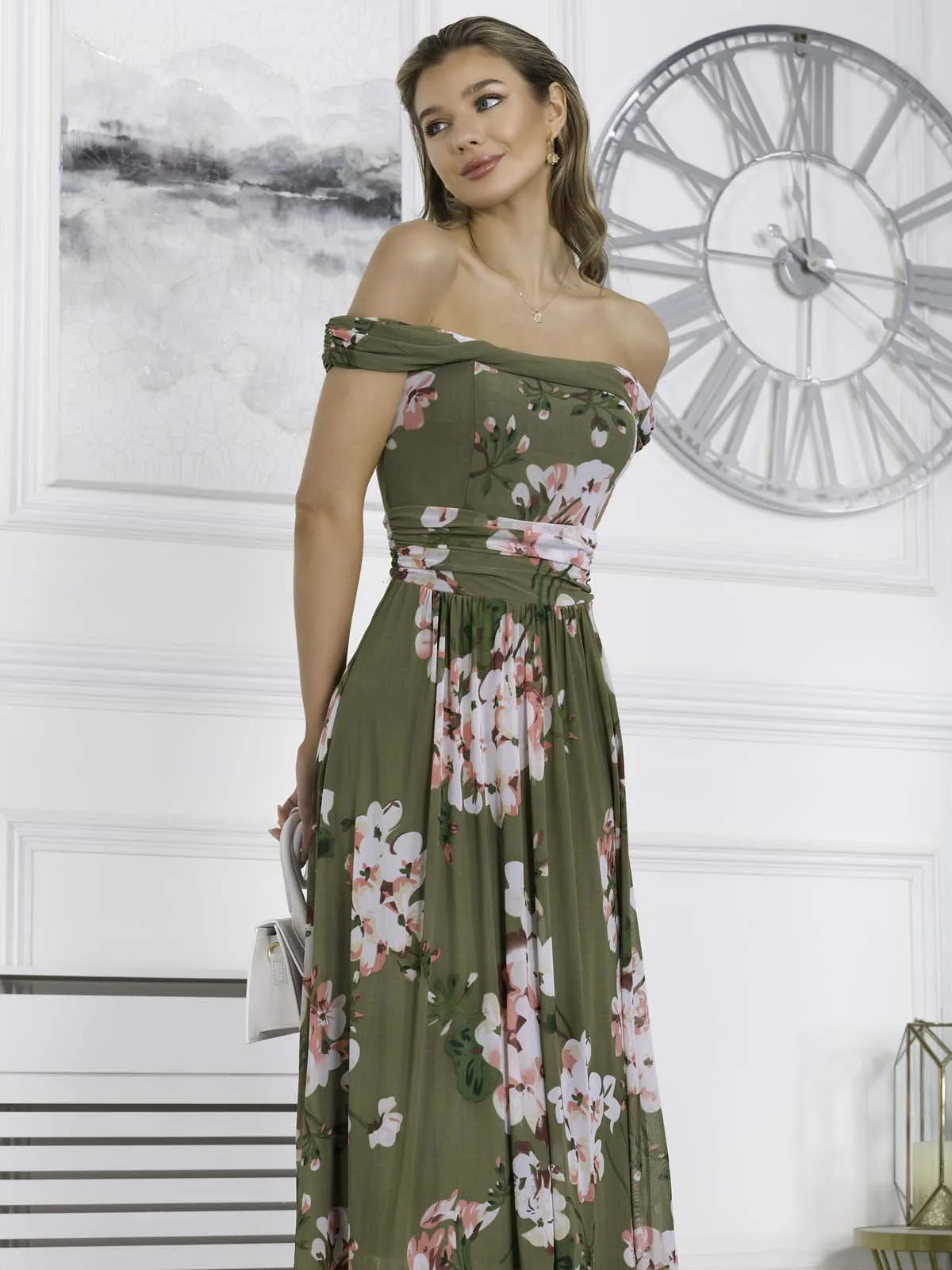 Jolie Moi Paula Bardot Floral Mesh Midi Dress, Green Floral