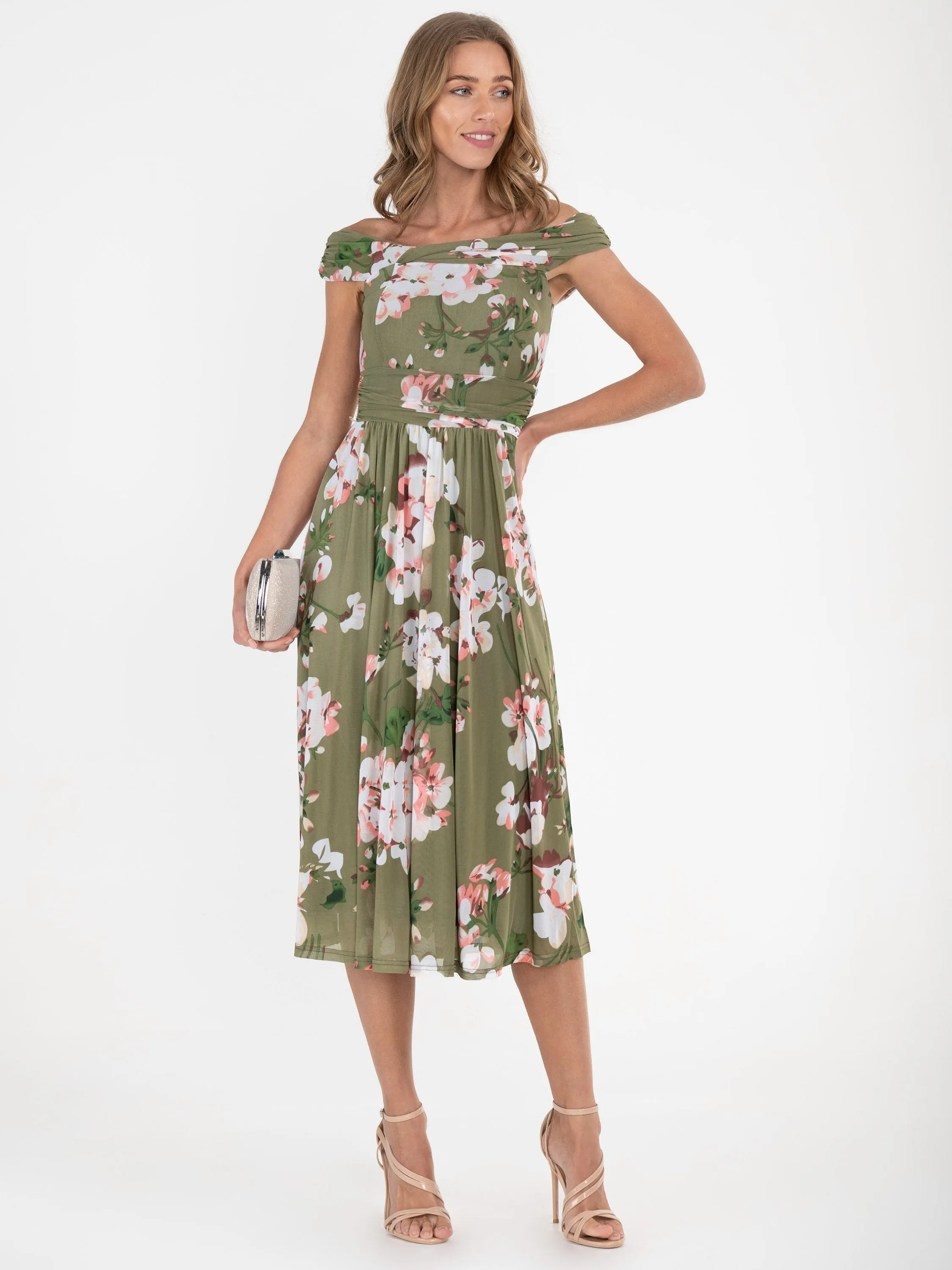 Jolie Moi Paula Bardot Floral Mesh Midi Dress, Green Floral