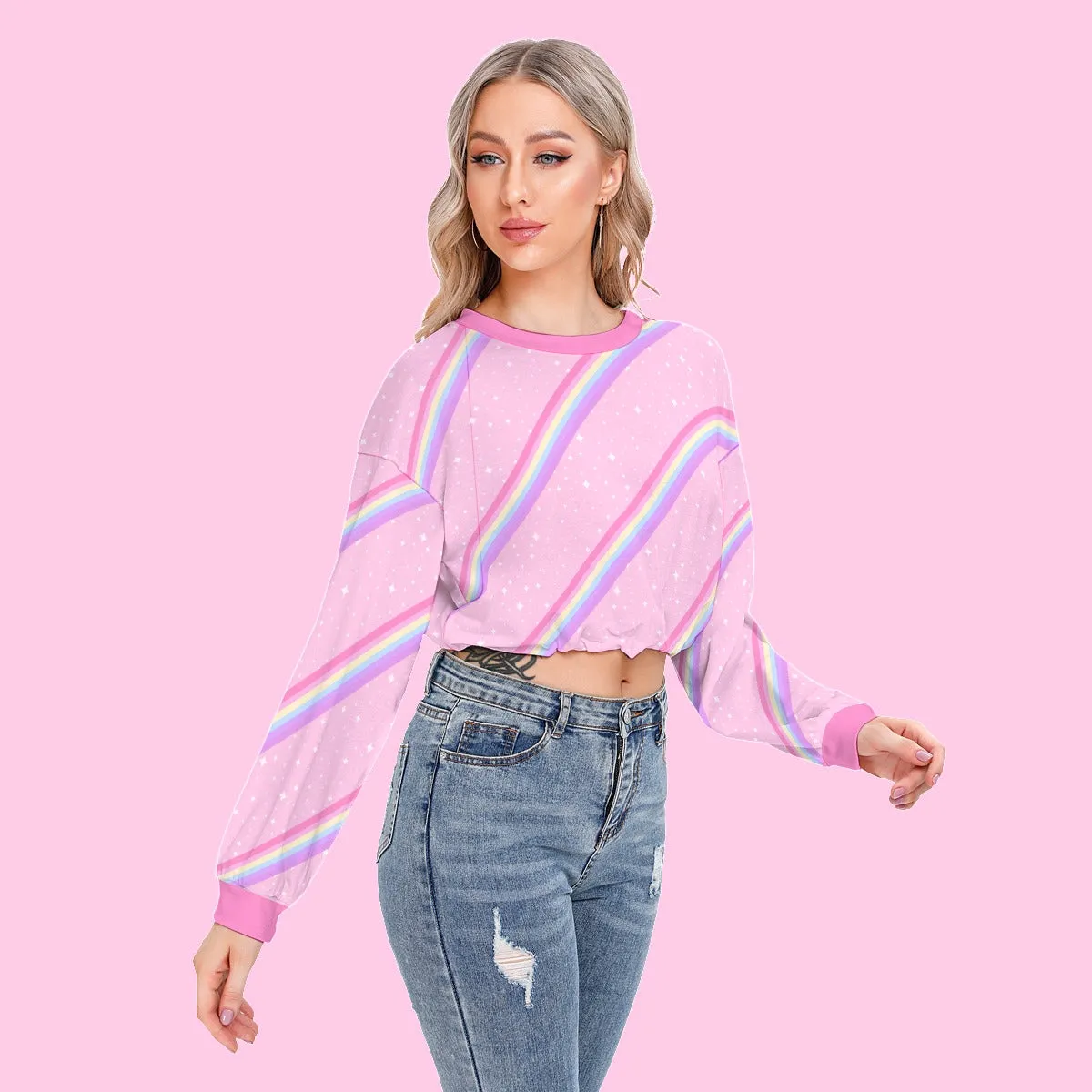 Kawaii Sparkle Cake Rainbow Beam Women's Crop Top Long Sleeve Sweatshirt With Hem Drawstring