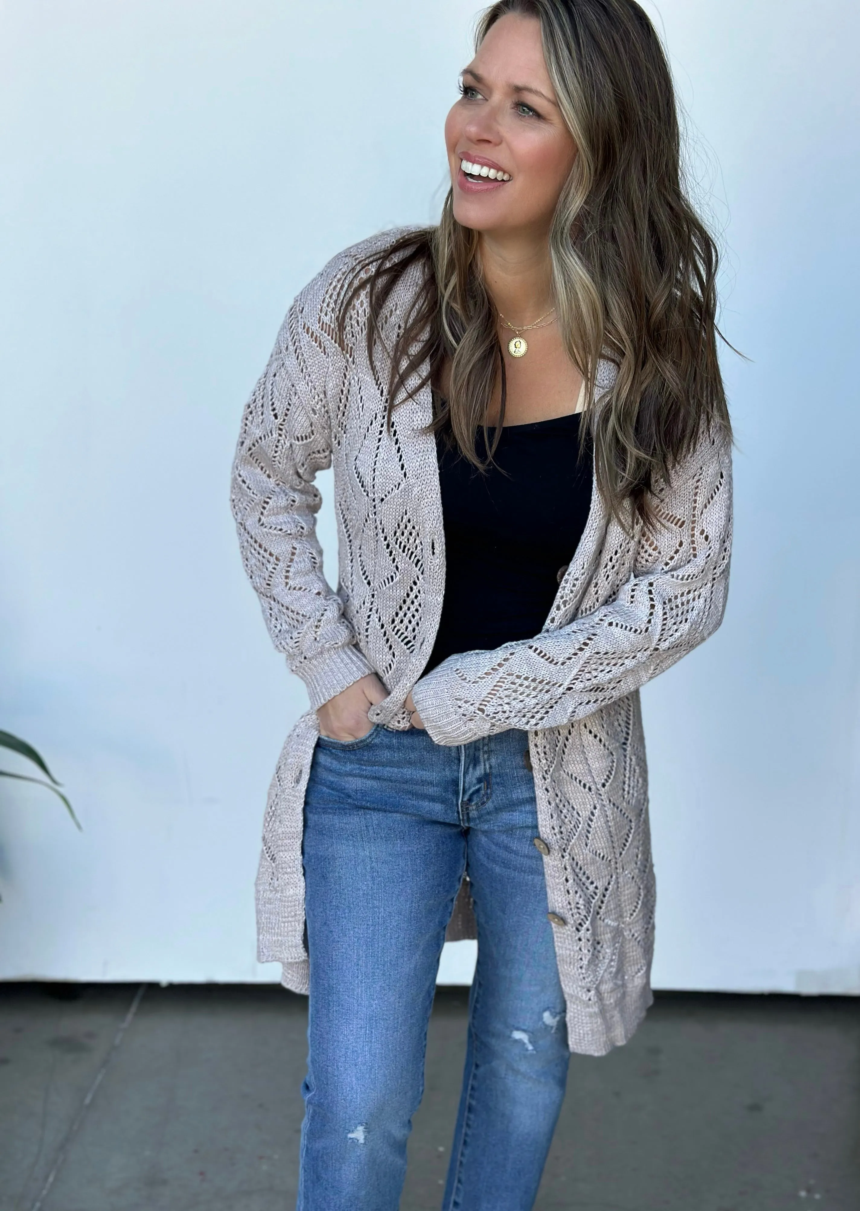 Khaki Pointelle Cardigan