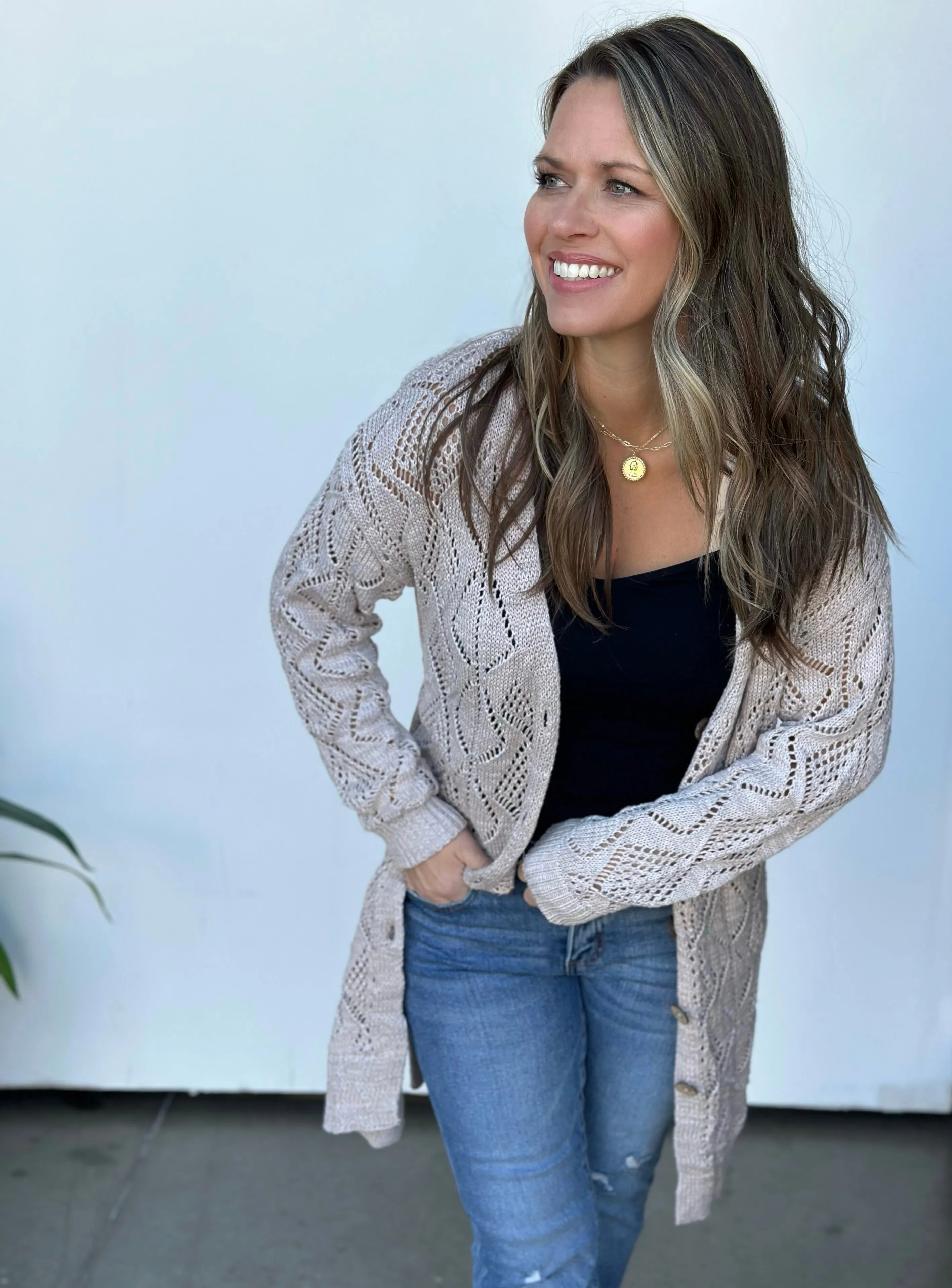 Khaki Pointelle Cardigan