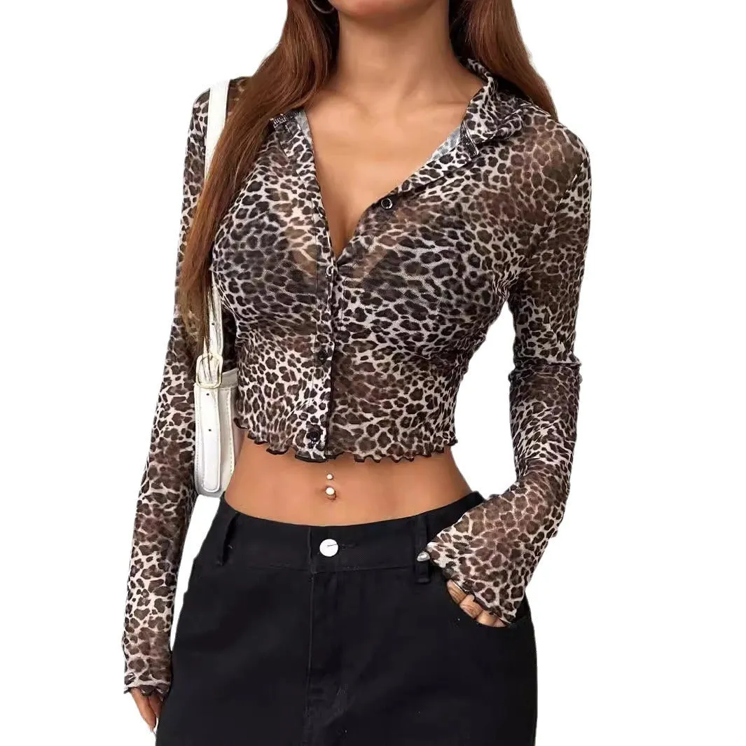 Lanfubeisi 2000s fashion Y2k Leopard Print Mesh Single-Breasted Wooden Ear Long Sleeve Short Shirt Top for Women