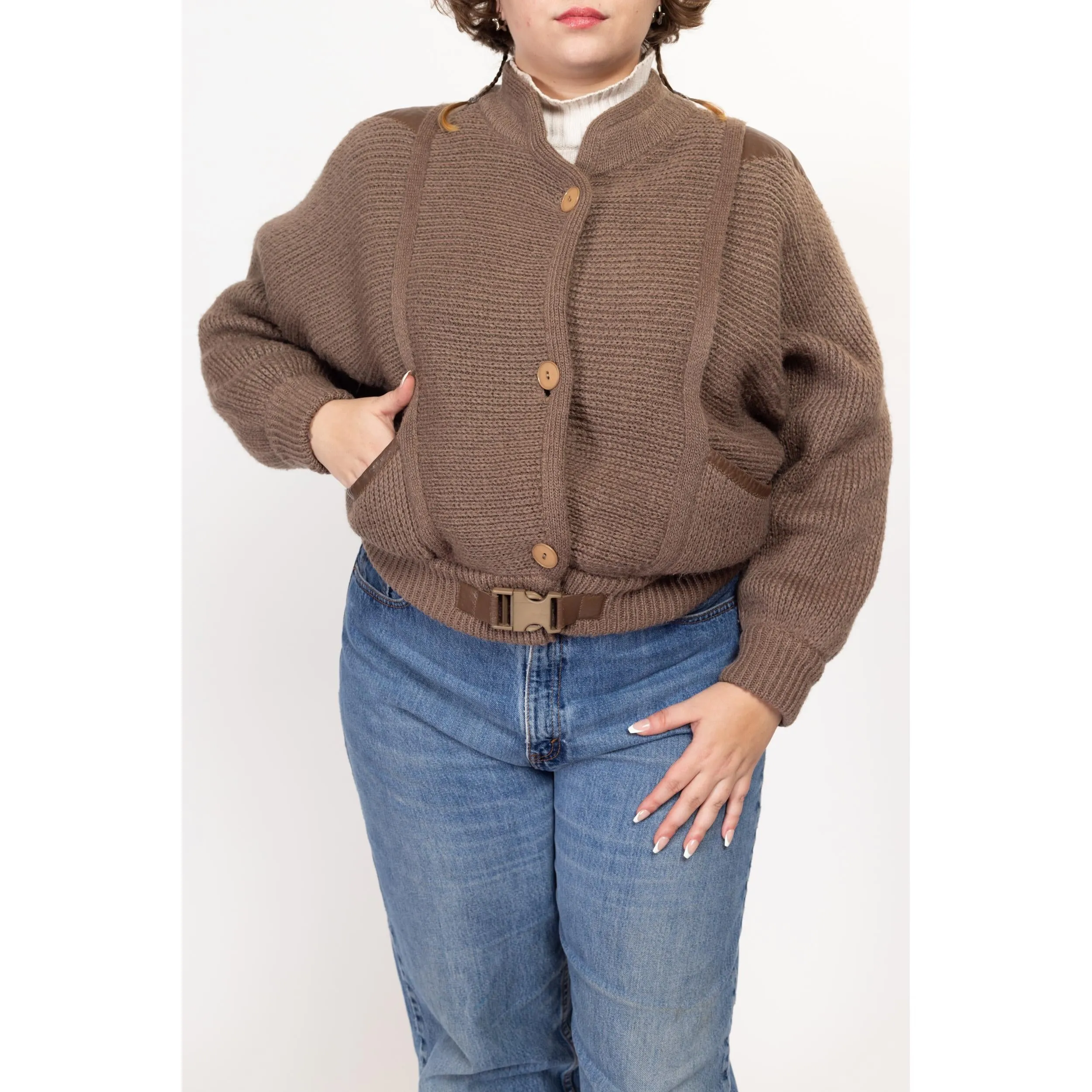 Large 80s Cocoa Brown Knit Cropped Jacket