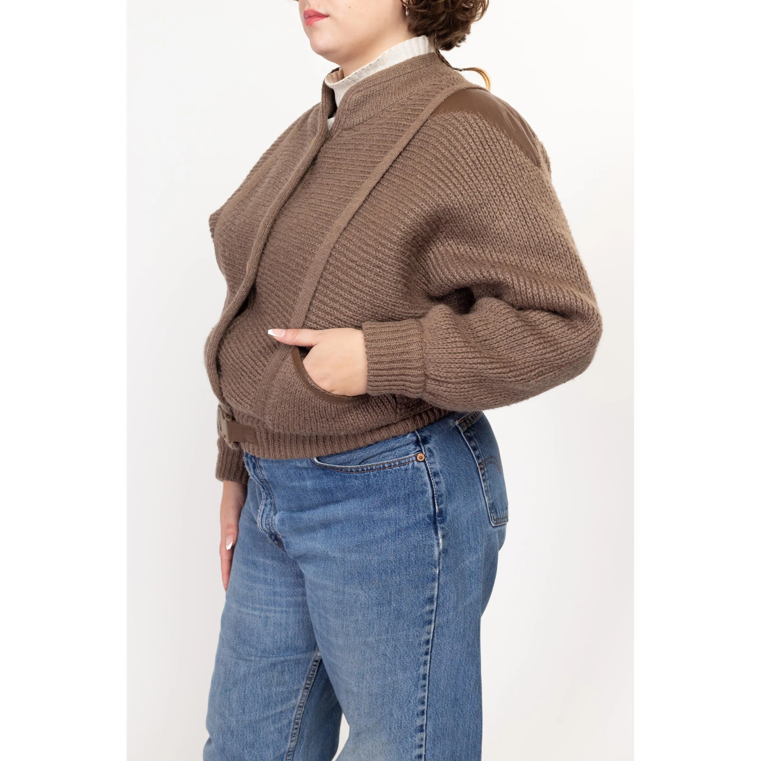 Large 80s Cocoa Brown Knit Cropped Jacket