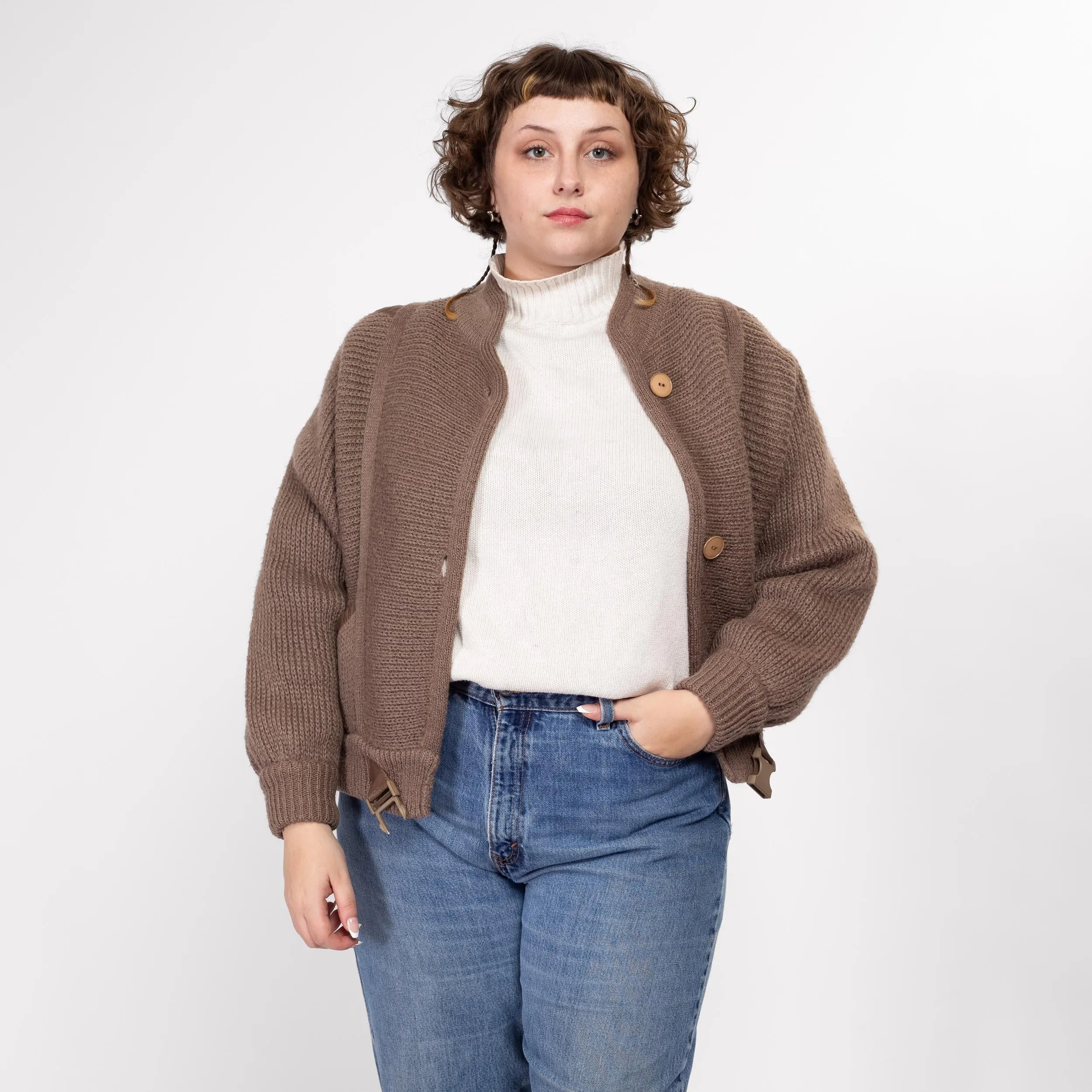 Large 80s Cocoa Brown Knit Cropped Jacket