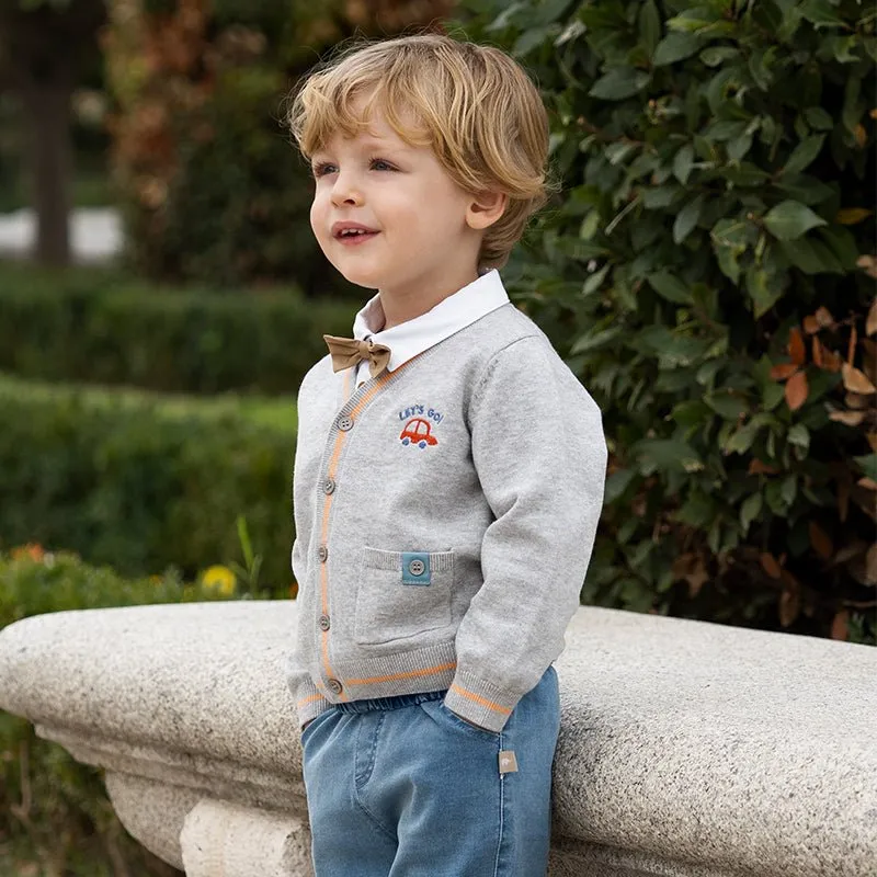 Let's Go Boy Brown Trim Grey Knitted Cardigan