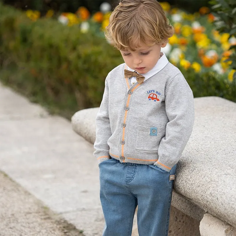 Let's Go Boy Brown Trim Grey Knitted Cardigan