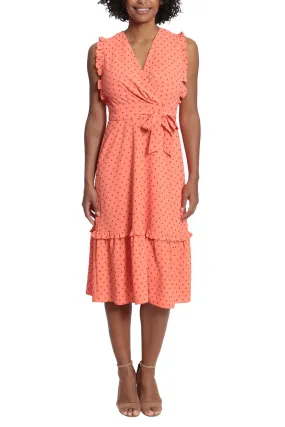 London Times V-Neck Ruffled Shoulder Sleeveless Tiered Skirt Tie Waist Clip Dot Print Dress