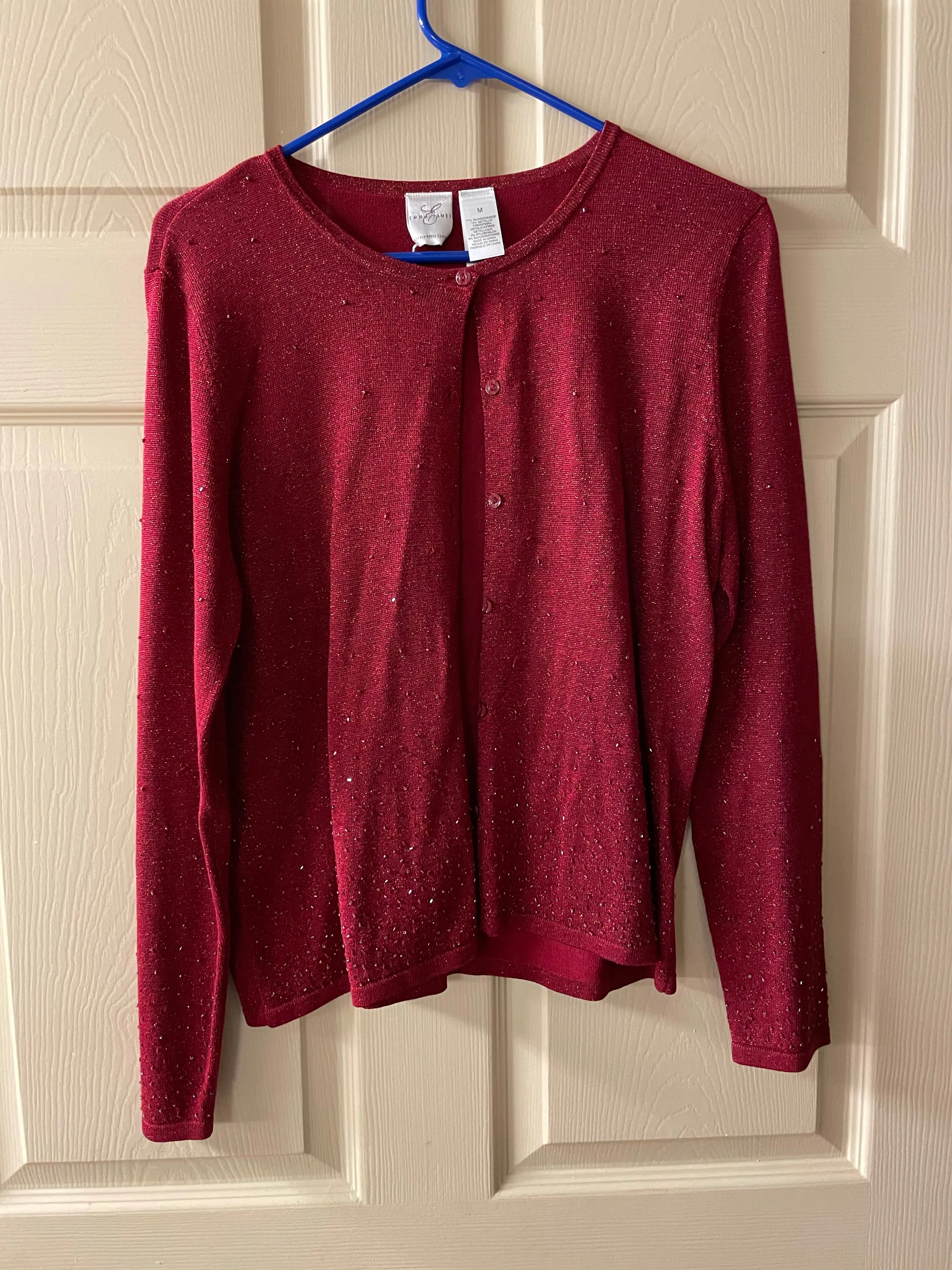 <€€* Women Medium Emma James Liz Claiborne Red Sparkle Bead Holiday Christmas Sweater Cardigan