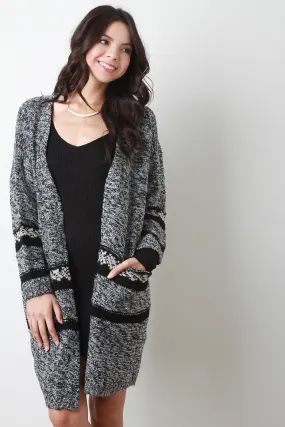 Melange Knit Mid Stripe Open Front Cardigan