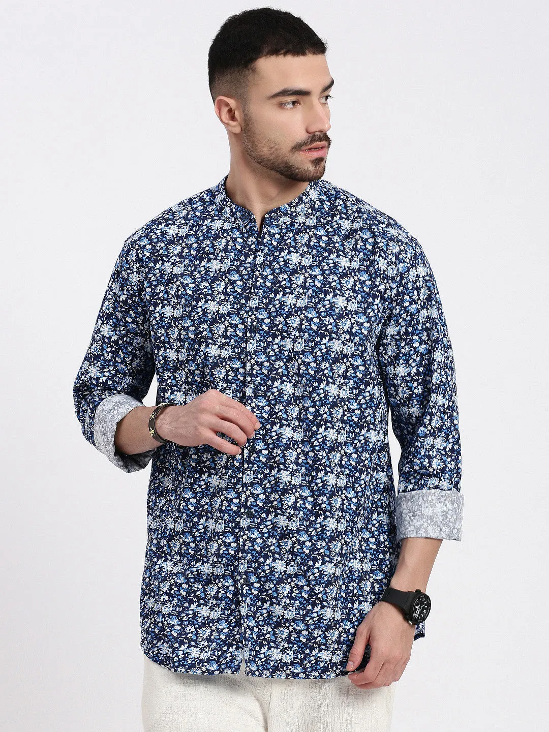 Men Navy Blue Printed Slim Fit Shirt