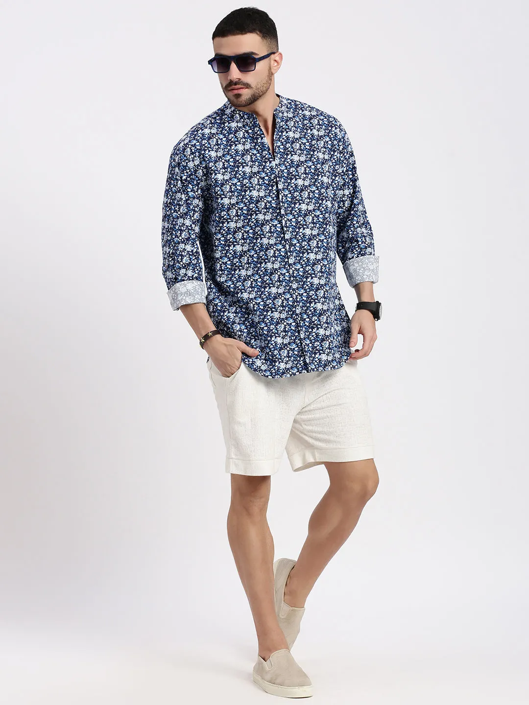 Men Navy Blue Printed Slim Fit Shirt