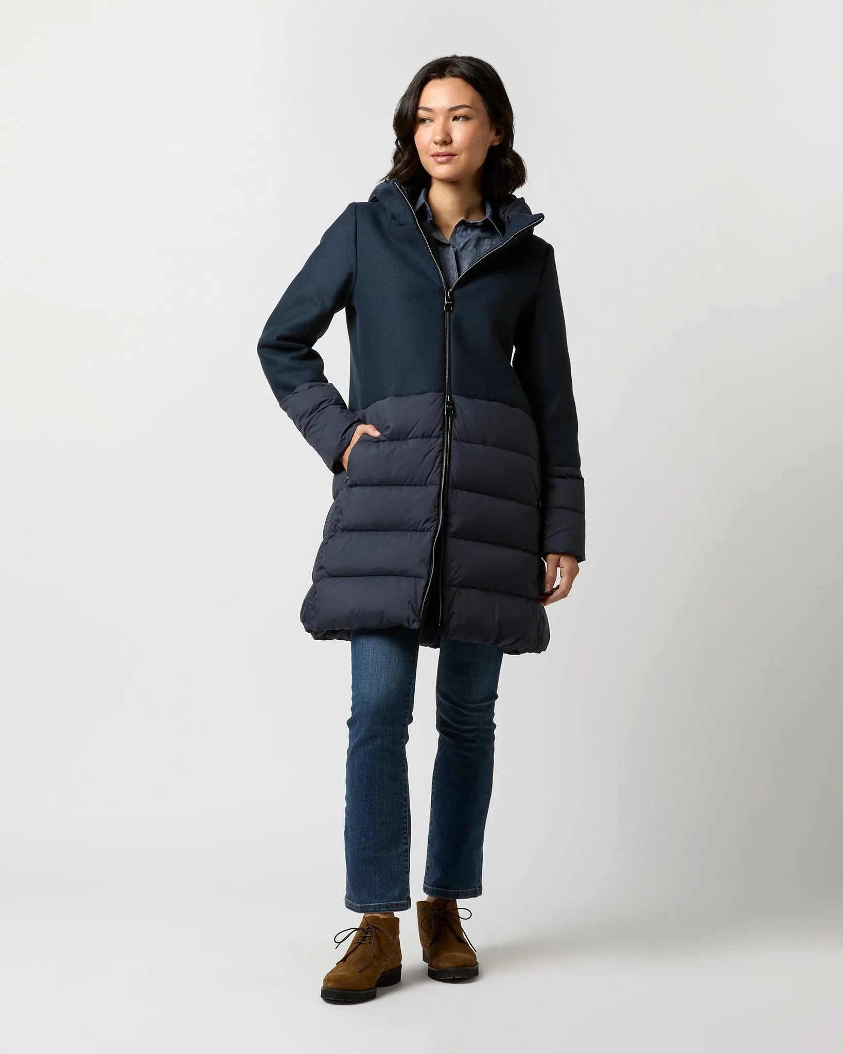 Mixed Media Quilted Coat in Navy