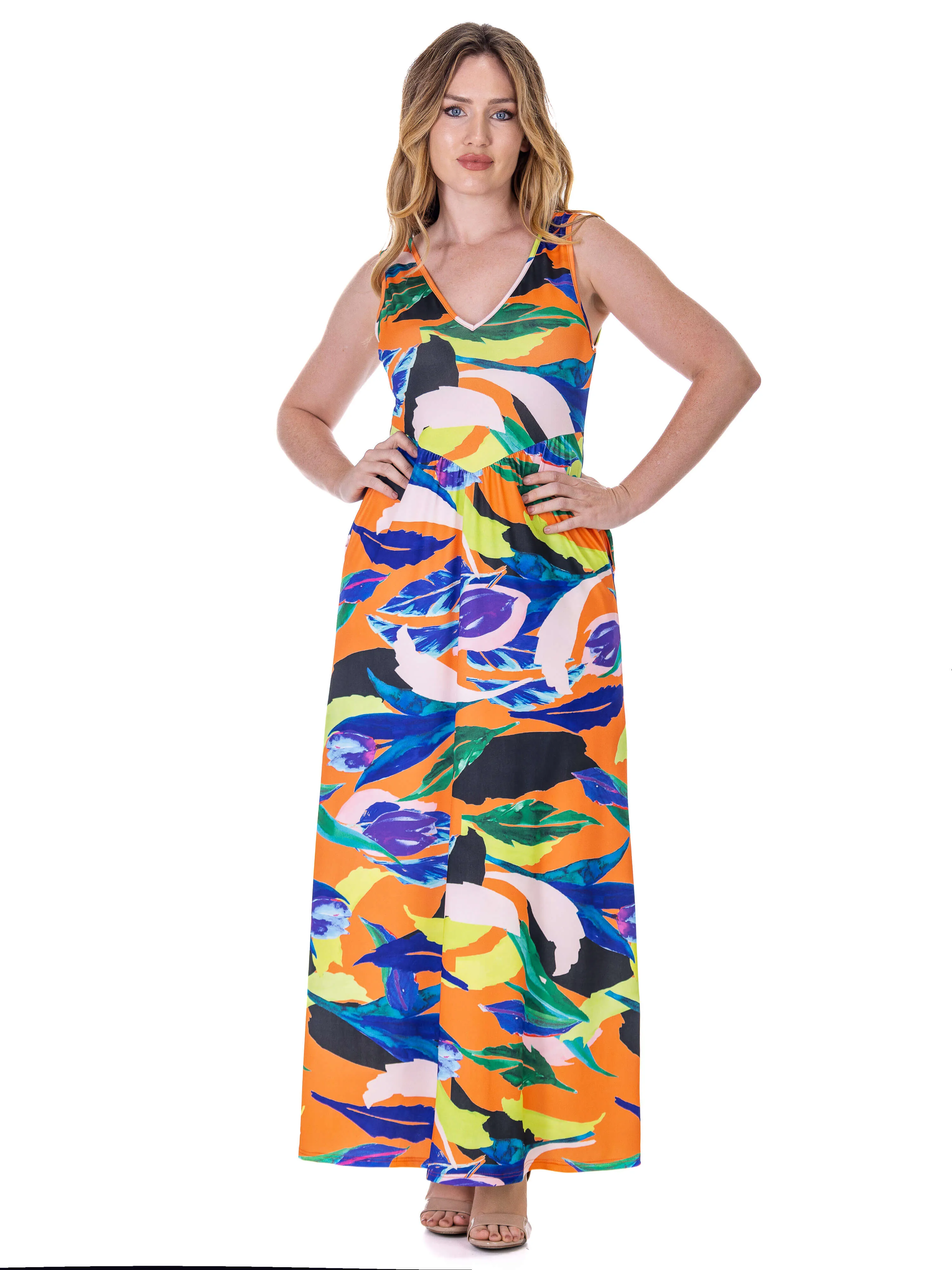 Multicolor Floral Sleeveless V Neck Maxi Dress With Pockets