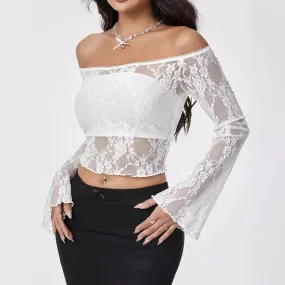 Off Neck Single Layer Lace Stitching Lace Wooden Ear Long Sleeve Short T Shirt Women Clothing