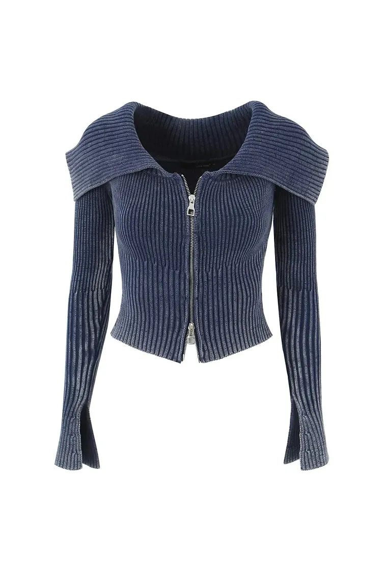 Oversized Collar Two Way Zipper Split Sleeve Marl Knit Ribbed Crop Cardigan