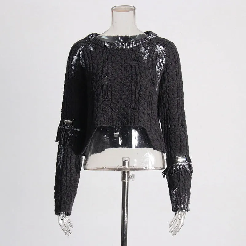 Pre Order:  Belt Tassel Long Sleeve Knitted Cropped Sweater