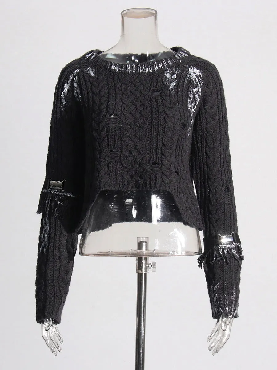 Pre Order:  Belt Tassel Long Sleeve Knitted Cropped Sweater