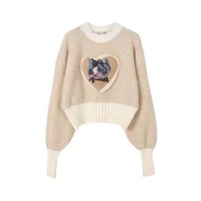 Pre Order:  Cat Embroidery Round Neck Long Sleeve Sweater