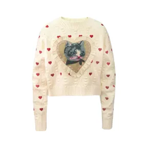 Pre Order:  Cat Heart Jacquard Long Sleeve Knit Sweater