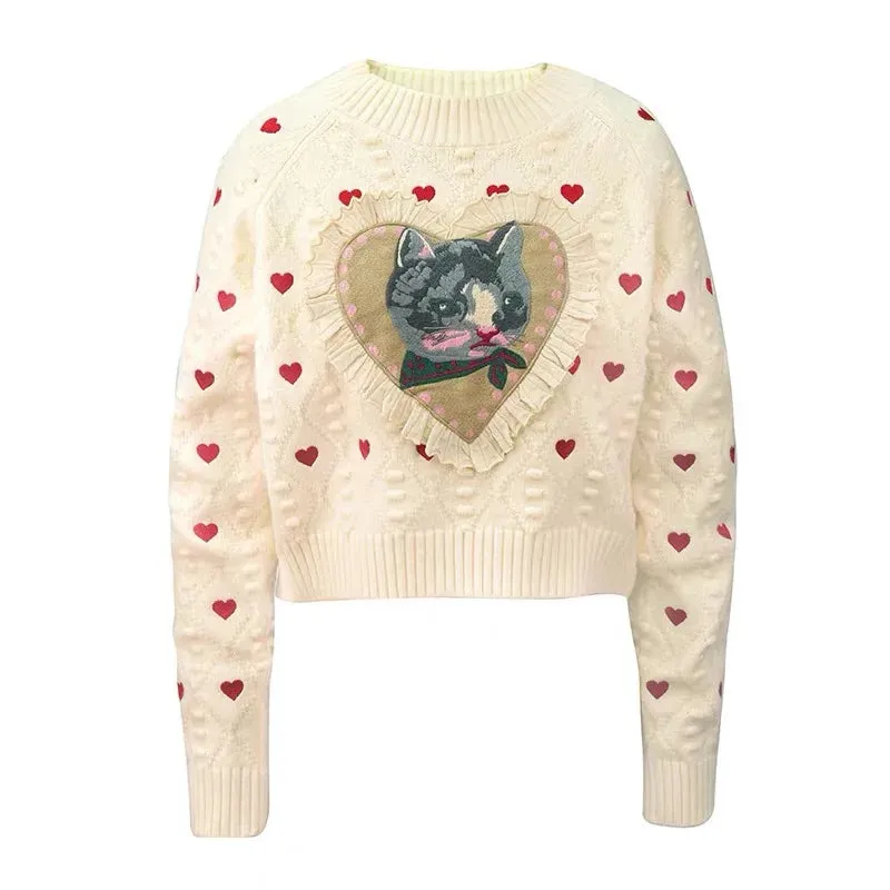 Pre Order:  Cat Heart Jacquard Long Sleeve Knit Sweater