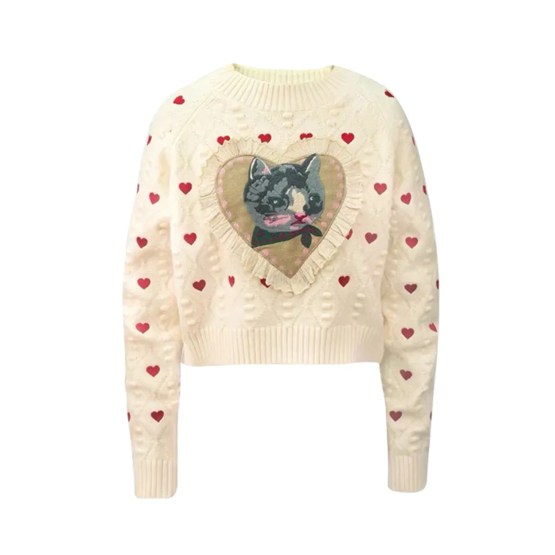 Pre Order:  Cat Heart Jacquard Long Sleeve Knit Sweater