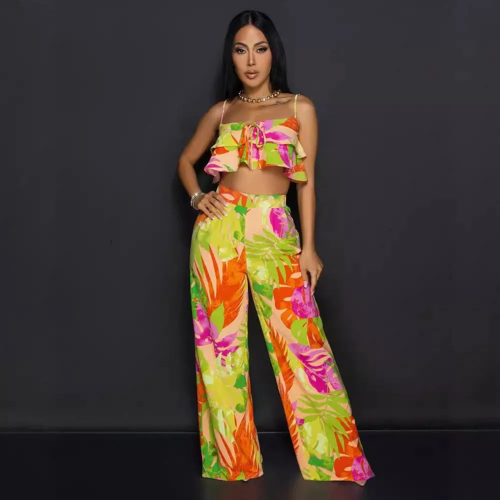 Printed Wooden Ear Sling Wide Leg Two Piece Set