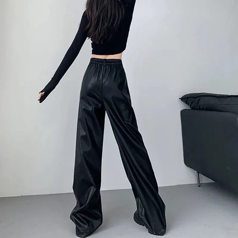 PU Leather Personality Loose Straight-Leg Casual Spring Autumn Fashion Pants