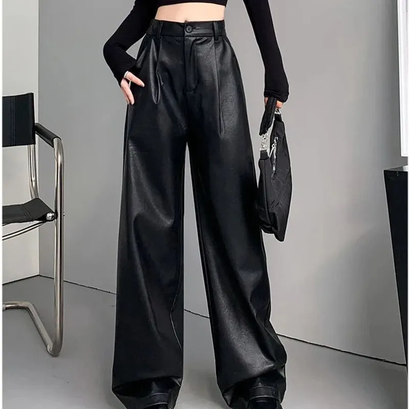 PU Leather Personality Loose Straight-Leg Casual Spring Autumn Fashion Pants