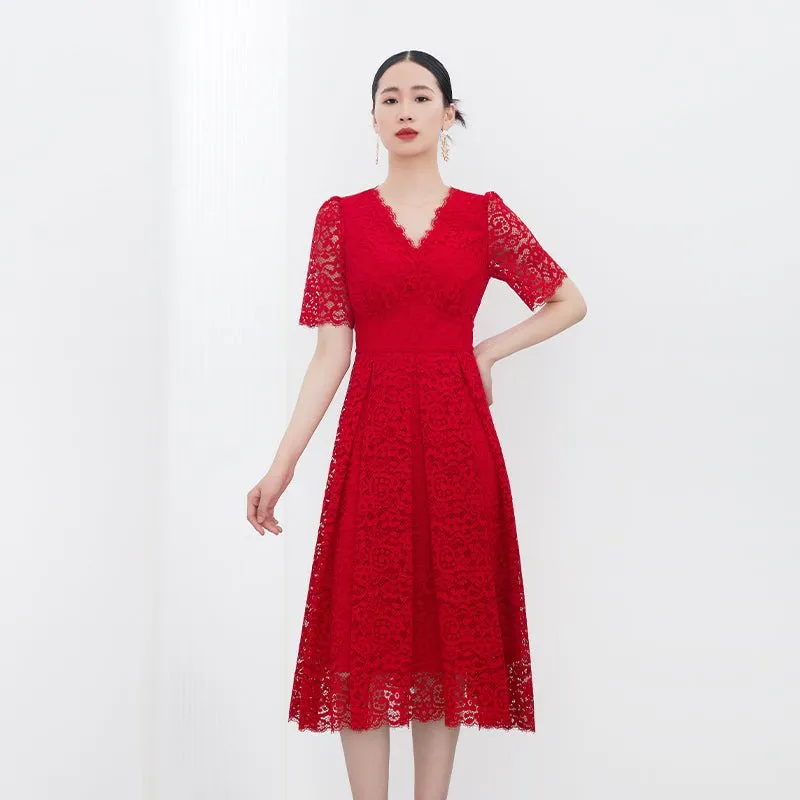 Red V Neck Lace Sleeve Midi Dresses