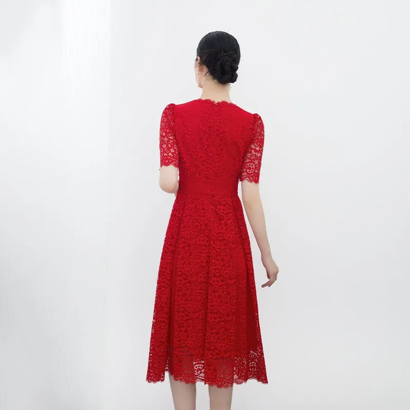 Red V Neck Lace Sleeve Midi Dresses