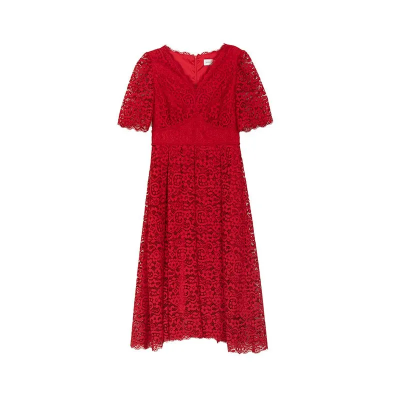 Red V Neck Lace Sleeve Midi Dresses