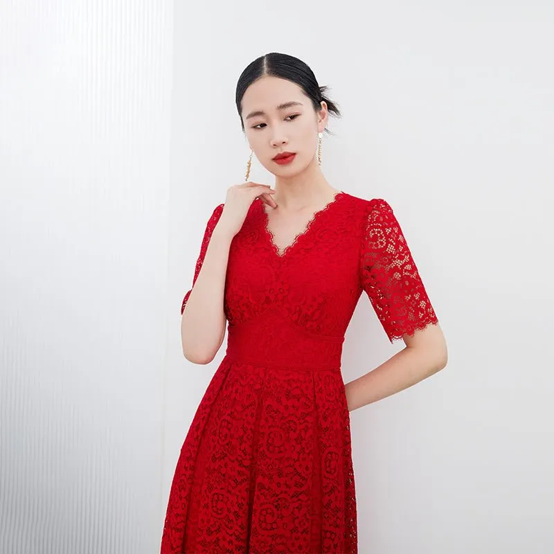 Red V Neck Lace Sleeve Midi Dresses