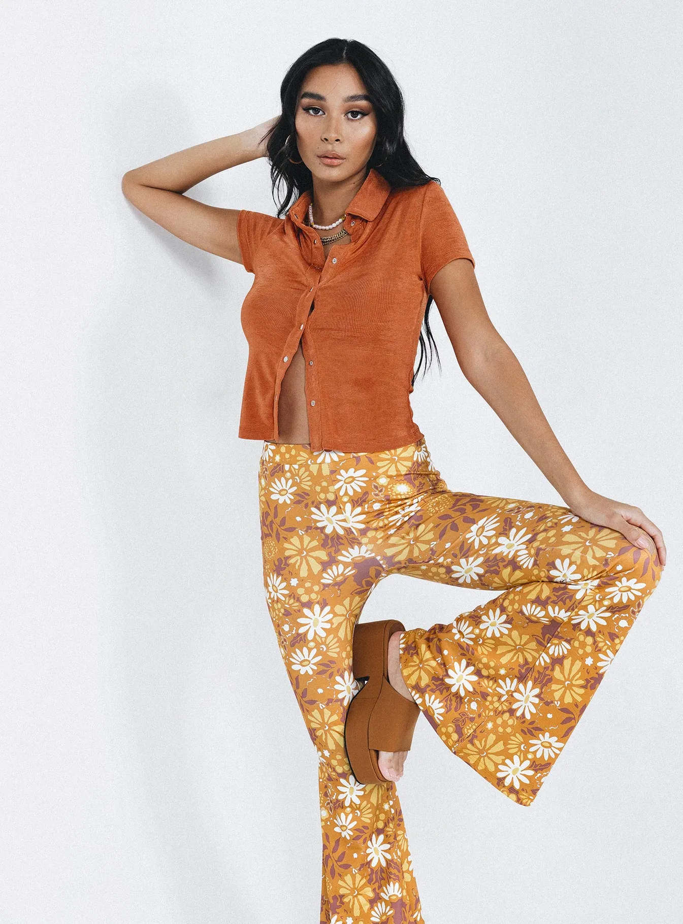 Retro Floral Flare Pants Orange