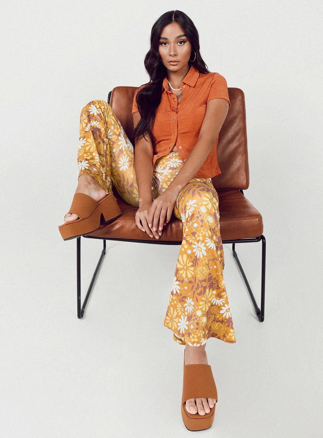 Retro Floral Flare Pants Orange