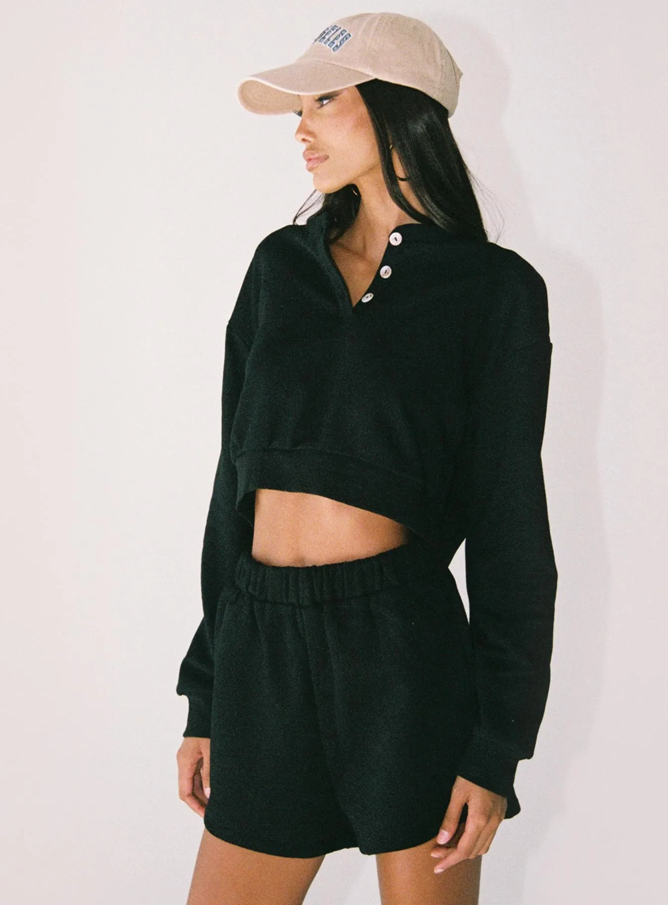 Rise & Lounge Cropped Henley Sweatshirt Black