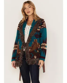 River Run Southwestern Print Belted Cardigan Sweater