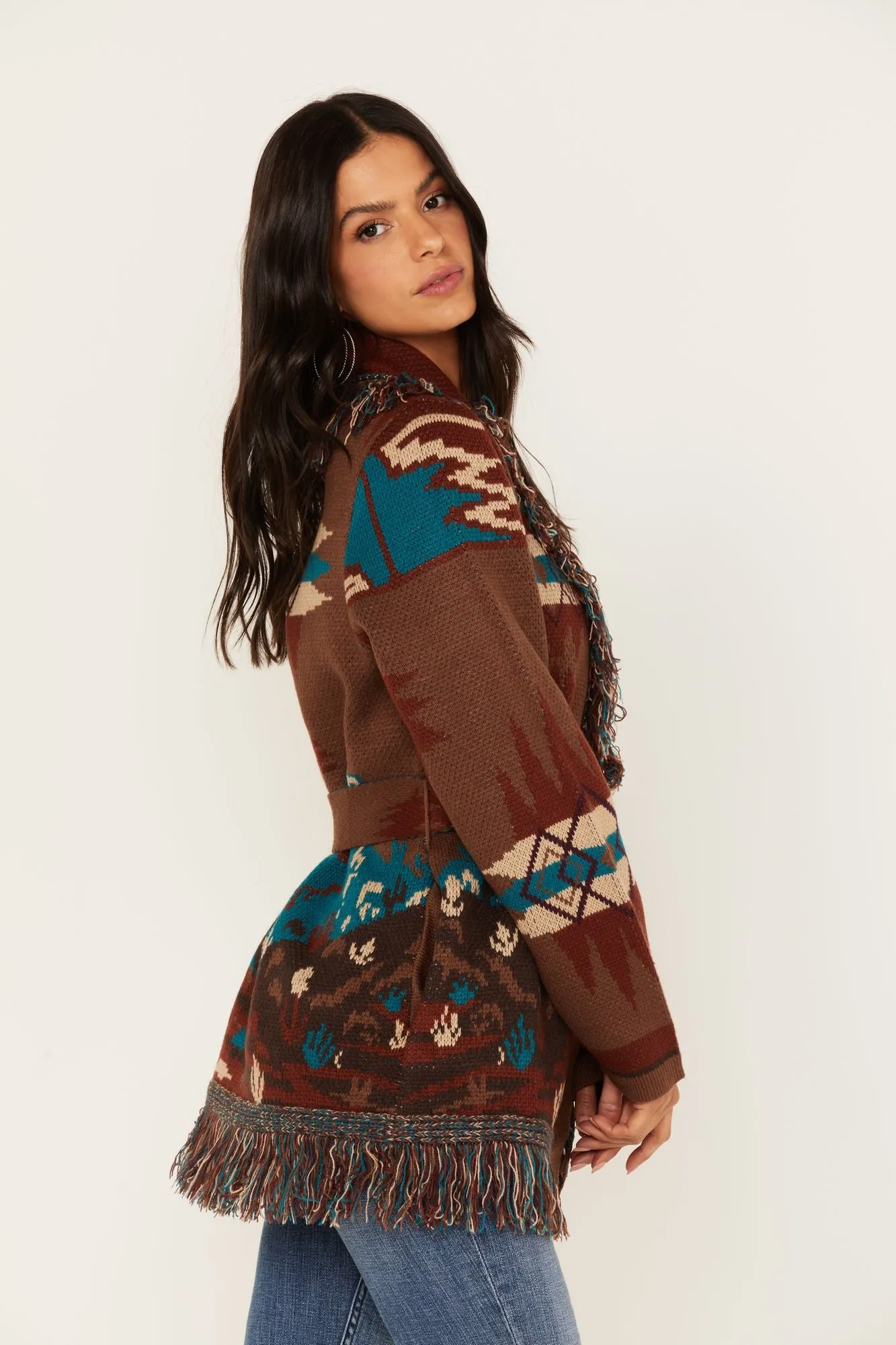 River Run Southwestern Print Belted Cardigan Sweater