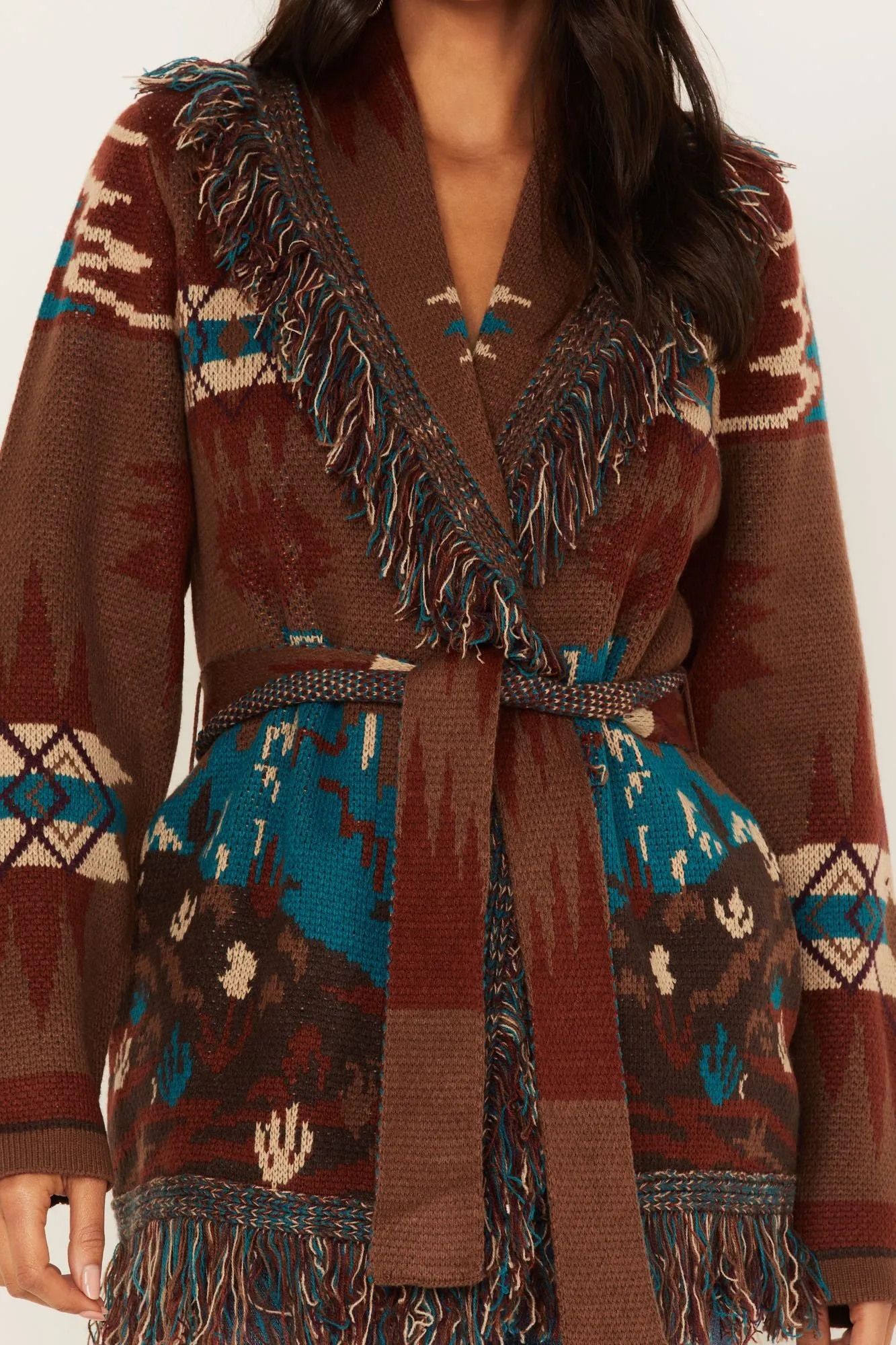 River Run Southwestern Print Belted Cardigan Sweater