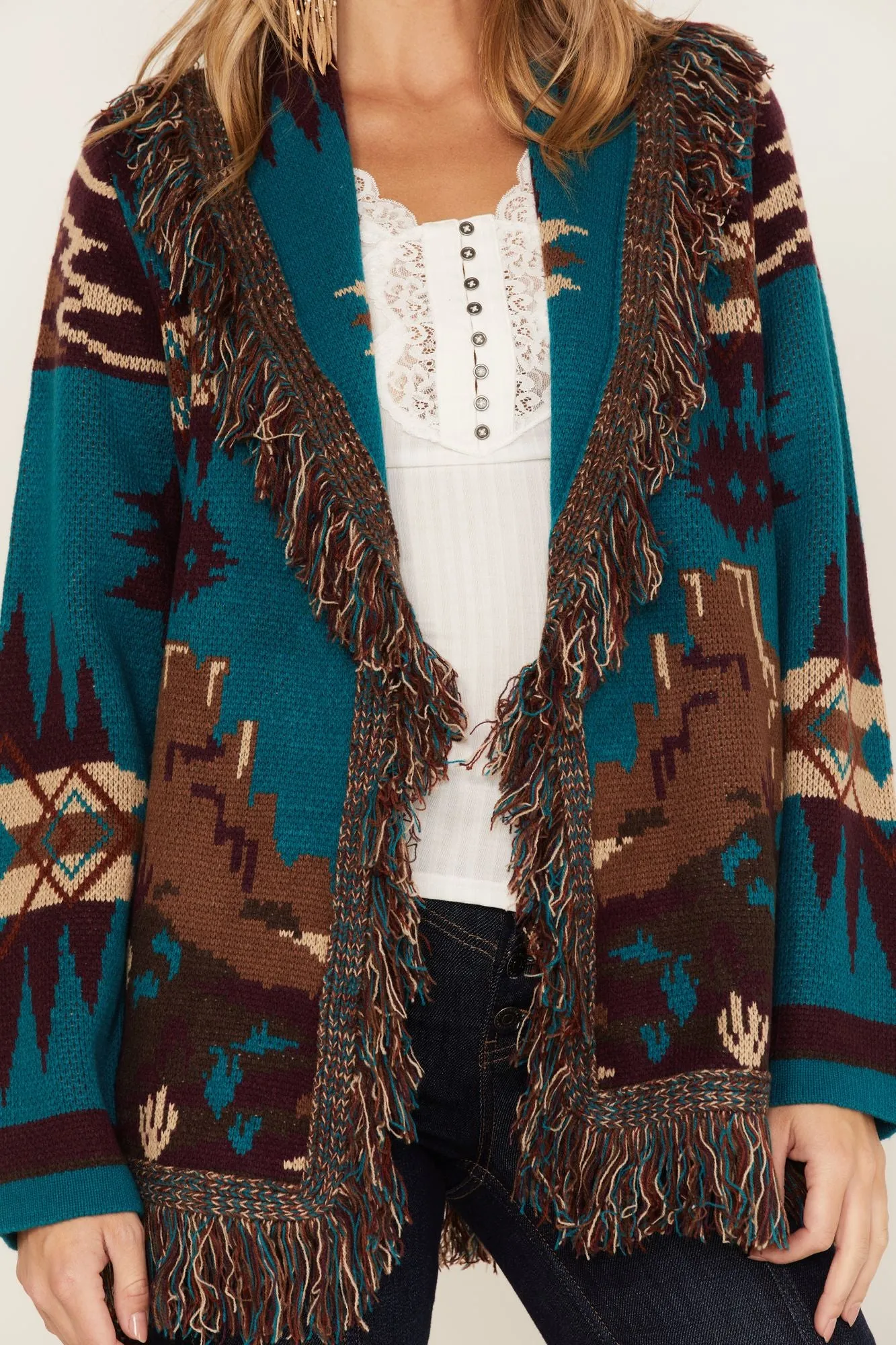 River Run Southwestern Print Belted Cardigan Sweater