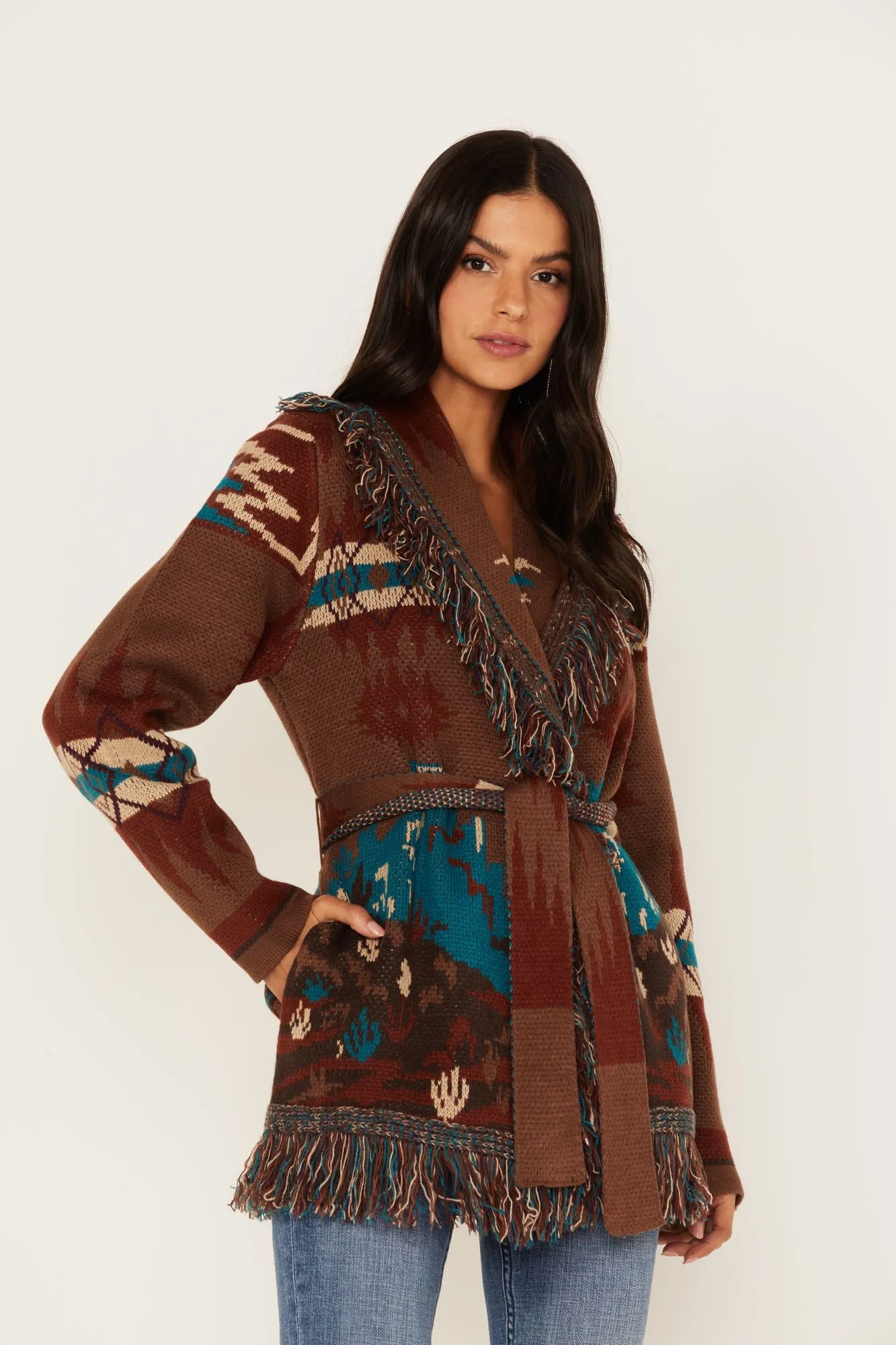 River Run Southwestern Print Belted Cardigan Sweater